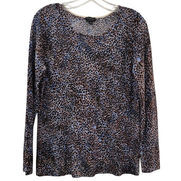 Talbots Sweater Large Blue Black Brown Print 100% Merino Wool Long Sleev… - Picture 1 of 7